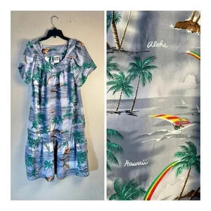 Vtg Hawaiian Togs Sz S Tropical Aloha Dress Muumuu Pocket Ruffle Hem TINY FLAW